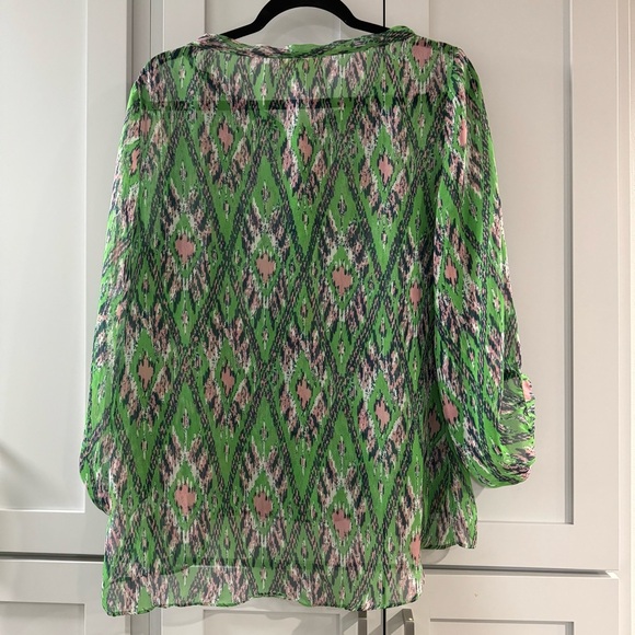 Ya Los Angeles Silk Blend Sheer Button Up Blouse with Tie at Neck Green Print - Picture 2 of 5